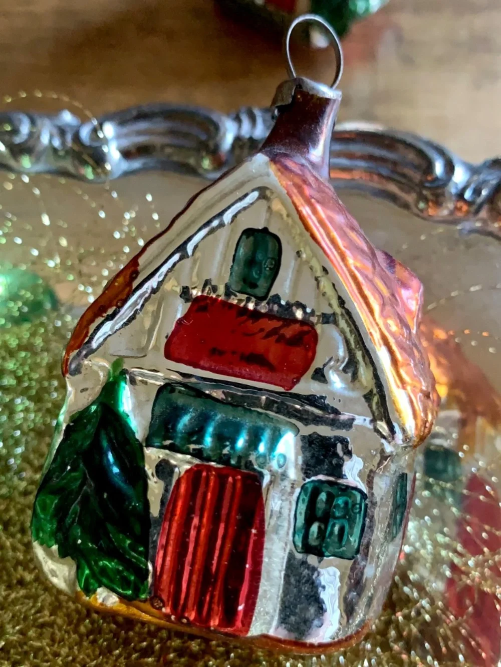 Vintage Glass House Ornament Cottage | Mercury Glass Christmas Ornament Retro